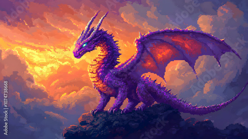 Purple Dragon in a Pixelated Sunset Illustration