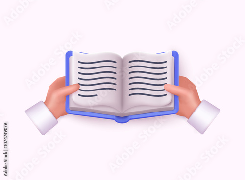 Hand holding open book. Read across day. World book day. 3D Web Vector Illustrations.