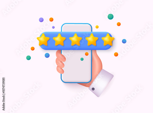 Hand holding phone with five star review rating. excellent service rating for satisfaction on 3d mobile phone. 3D web vector illustration.