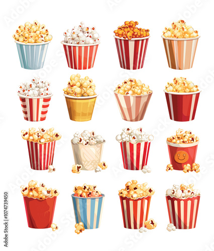 Popcorn bucket cartoon vector set. Puffed corn popped seeds paper cups cinema junk movies snacks food crispy puffs crunchy treats, isolated illustration