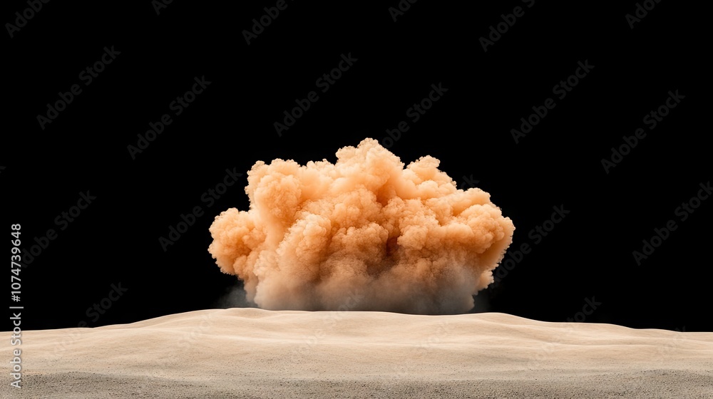 Destructive force unleashed in a nuclear explosion rising over sandy desert terrain against a dark void backdrop Destructive force unleashed in a nuclear explosion rising over sandy desert terrain against a dark void backdrop