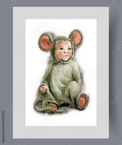 Baby dressed as gray mouse with big ears and long tail on print. Watercolor poster. Artwork with baby in form of mouse for children holiday masquerade, in frame with decor for wall art