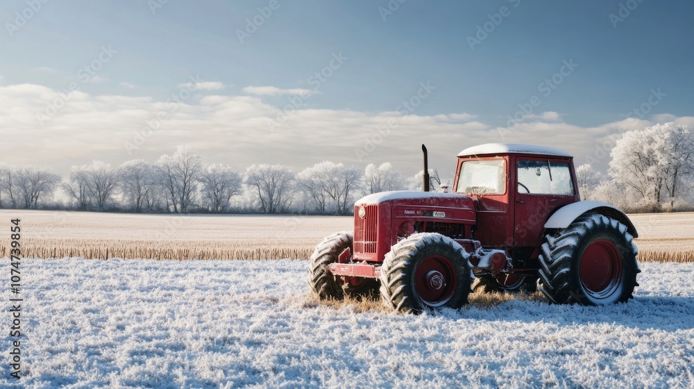 Red Tractor Parked in a Snowy Field with Frosty Trees in the Background Red Tractor Parked in a Snowy Field with Frosty Trees in the Background