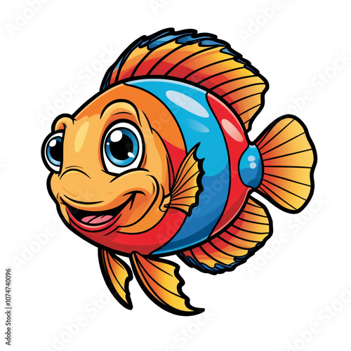 Cartoon Discus Fish with vibrant colors, expressive eyes, playful expression, flowing fins, sticker design, bold outlines, generative ai photo