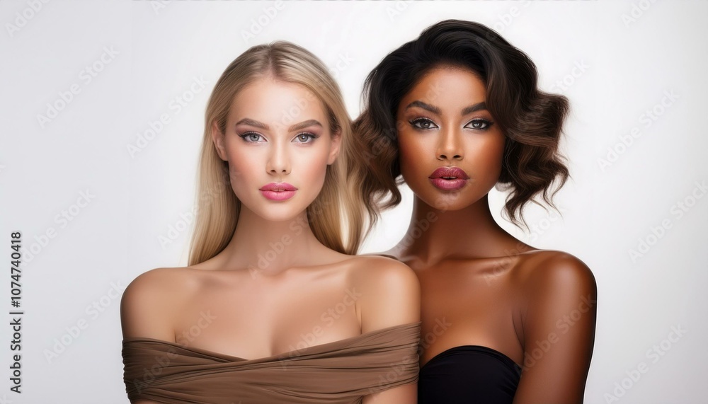portrait of a blonde and a brunette female model on a white background portrait of a blonde and a brunette female model on a white background