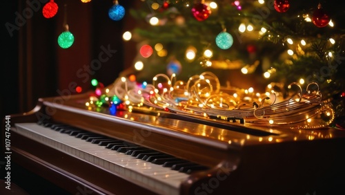 A festive scene with musical notes and Christmas ornaments  creating a vibrant atmosphere filled with joy and holiday spirit