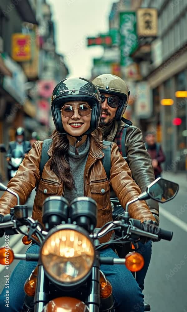 an Asian guy and woman riding a motorbike while wearing helmets an Asian guy and woman riding a motorbike while wearing helmets