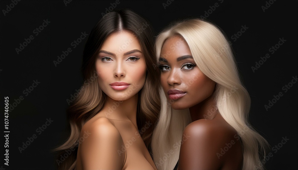 portrait of a blonde and a brunette female model on a black background portrait of a blonde and a brunette female model on a black background