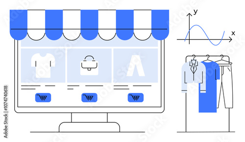 E-commerce screen with clothes, bags for sale, shopping cart icons. Clothing rack, sales graph. Ideal for online shopping, retail analysis, store management, sales tracking e-commerce strategists