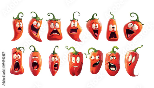 Red hot pepper characters cartoon vector set. Chili jalapeno cute emotional personages, spicy funny faces vegetable avatars, isolated illustrations on white background