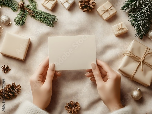 Christmas Card Mockup: A cozy winter scene with a blank card ready for your message. Hands gently holding the card, surrounded by rustic gifts, pine branches, and ornaments.