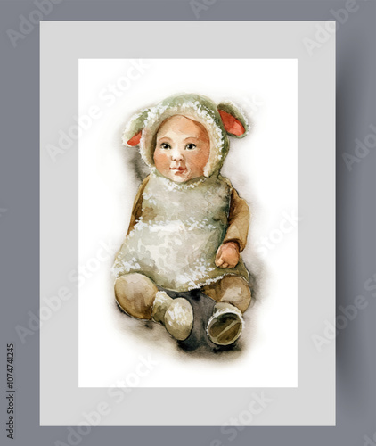 Sheep costume on defenseless baby, for attending party or masquerade on print. Watercolor poster. Artwork with baby in lamb outfit to keep warm in winter weather, in frame with decor for wall art