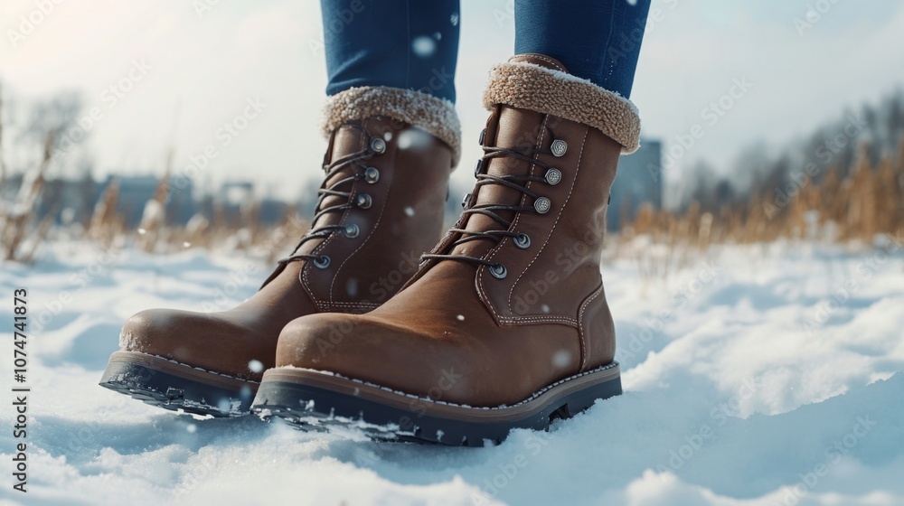 Brown Leather Boots with Fur Trim in Winter Snow Brown Leather Boots with Fur Trim in Winter Snow