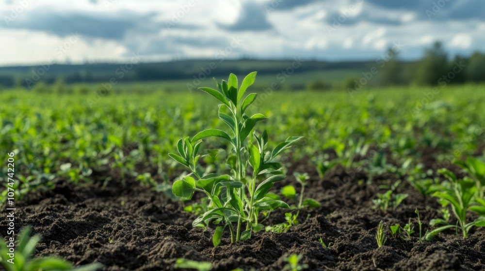 A small plant is growing in a field of green grass A small plant is growing in a field of green grass