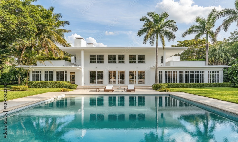 Fototapeta premium A white, modern home with large windows and an outdoor pool in the front yard of an all-white Miami suburban neighborhood