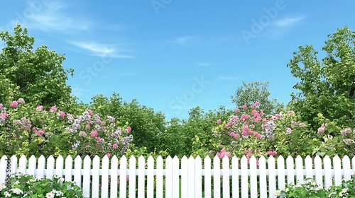 Beautiful Garden Surrounded by a White Picket Fence Under a Clear Blue Sky