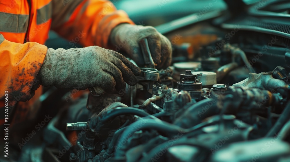 Obraz premium Mechanic Working on a Car Engine