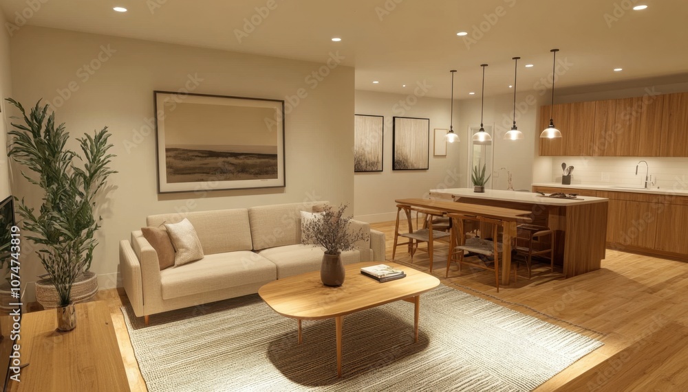 A living room with a couch, coffee table, and a potted plant. The coffee table has a vase on it A living room with a couch, coffee table, and a potted plant. The coffee table has a vase on it