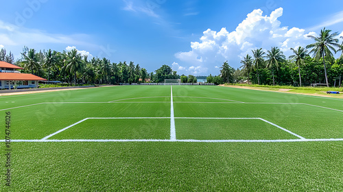 Wide-angle view of an empty football stadium 