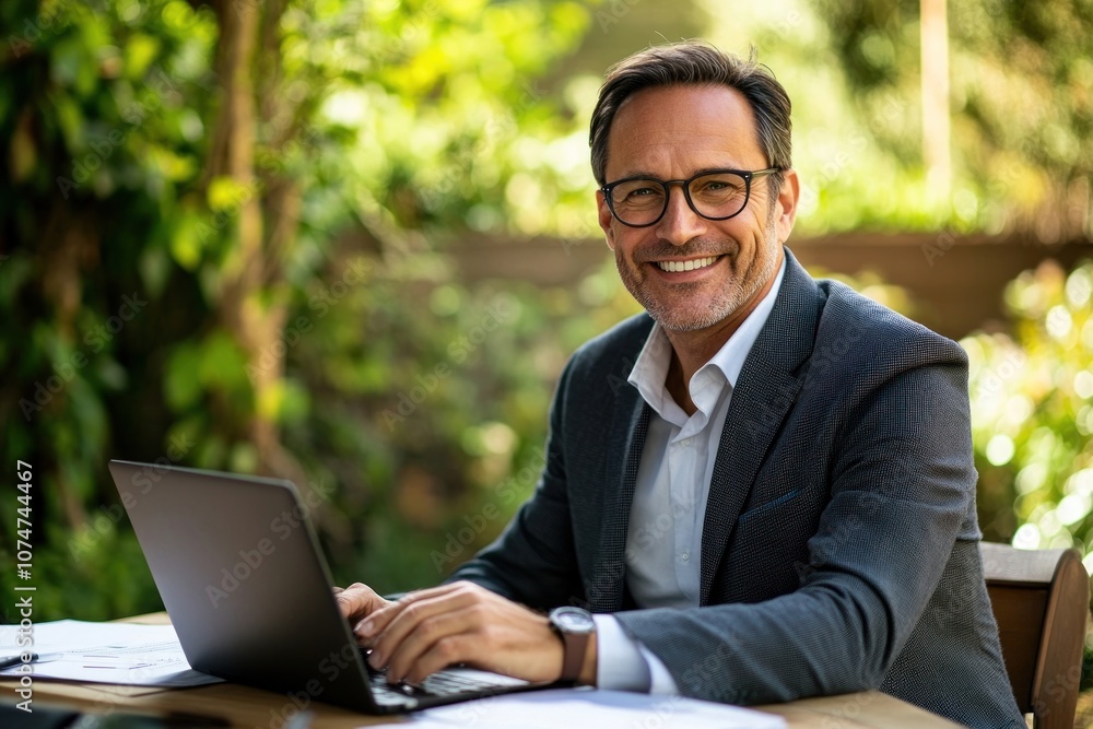 Businessman working on a laptop computer smiling outdoor. Businessman working on a laptop computer smiling outdoor.