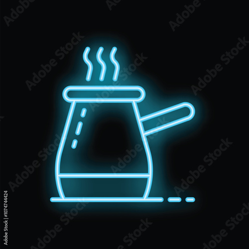 Blue neon icon of cezve with steam, illuminating dark background