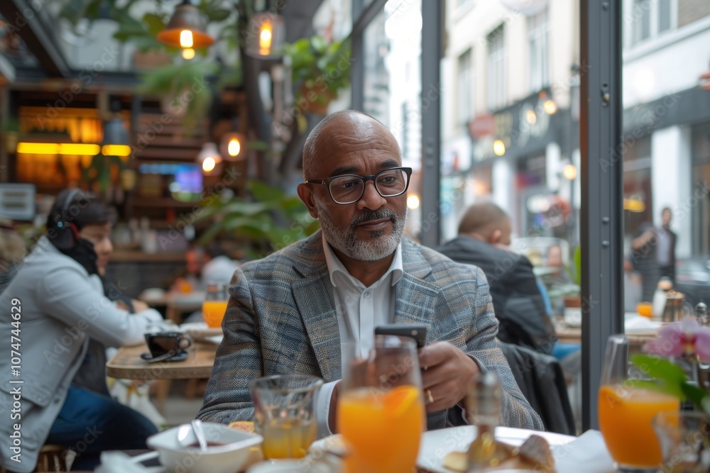 Middle-aged man having lunch in a cozy bright cafe, checking his phone in a minimalist space Middle-aged man having lunch in a cozy bright cafe, checking his phone in a minimalist space