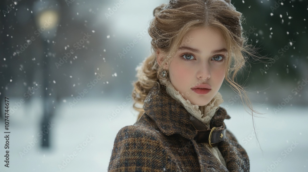 Portrait of a Woman in a Brown Coat with Snow Falling Around Her Portrait of a Woman in a Brown Coat with Snow Falling Around Her