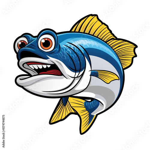 Cartoon Giant Trevally with expressive eyes, vibrant yellow fins, playful smile, bold outlines, sticker design, generative ai photo