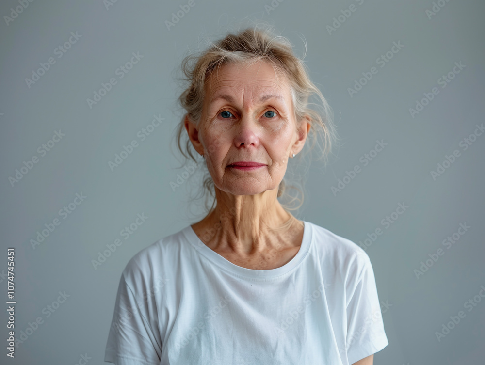 Beautiful senior woman in white t-shirt looking at camera, portrait Beautiful senior woman in white t-shirt looking at camera, portrait