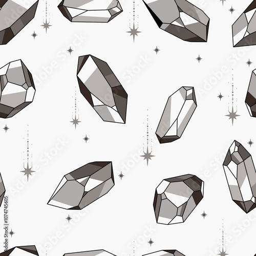 Seamless pattern with gray crystals and stars. Crystal pattern. 