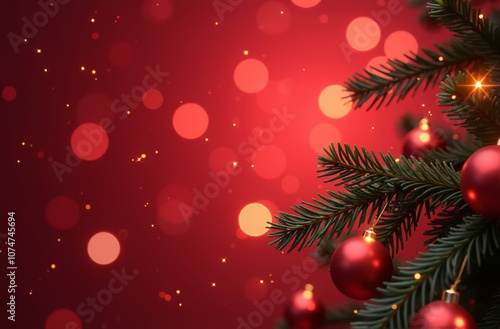 Christmas red background. Green christmas xmas new year tree festive holiday decorated red balls on dark christmas background with defocused lights. Blurred, soft focus.