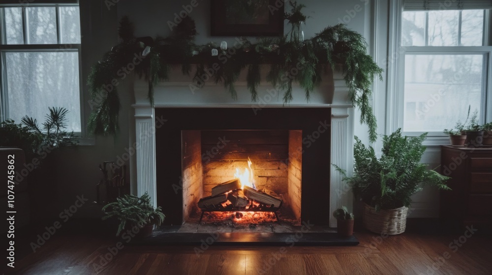 A Cozy Fireplace with a Garland and Plants in a Room with Windows A Cozy Fireplace with a Garland and Plants in a Room with Windows