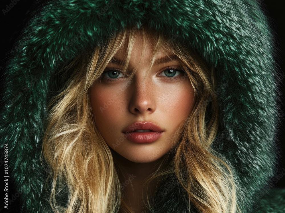 A beautiful blonde woman wearing a green fur coat with a hood. A beautiful blonde woman wearing a green fur coat with a hood.
