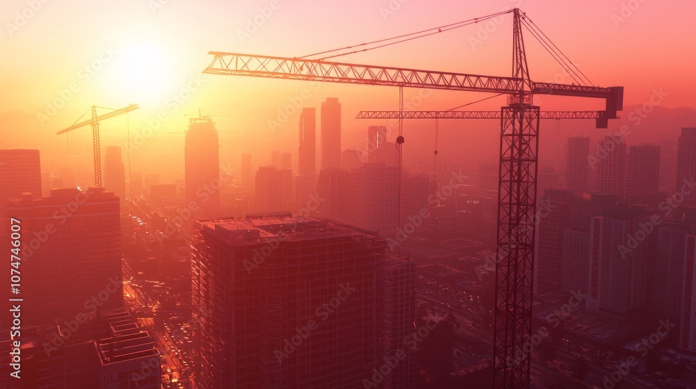 Dynamic Urban Development: Panoramic Cityscape at Sunset with Construction Cranes and Skyscrapers Reflecting Warm Hues Dynamic Urban Development: Panoramic Cityscape at Sunset with Construction Cranes and Skyscrapers Reflecting Warm Hues