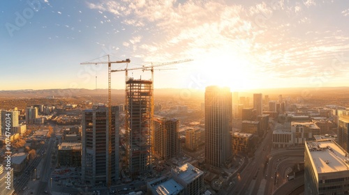 Golden Hour Glow: Urban Development and Economic Progress in Panoramic Cityscape at Sunset