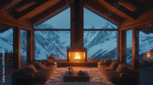 Cozy Cabin Interior with Mountain Views and Fireplace