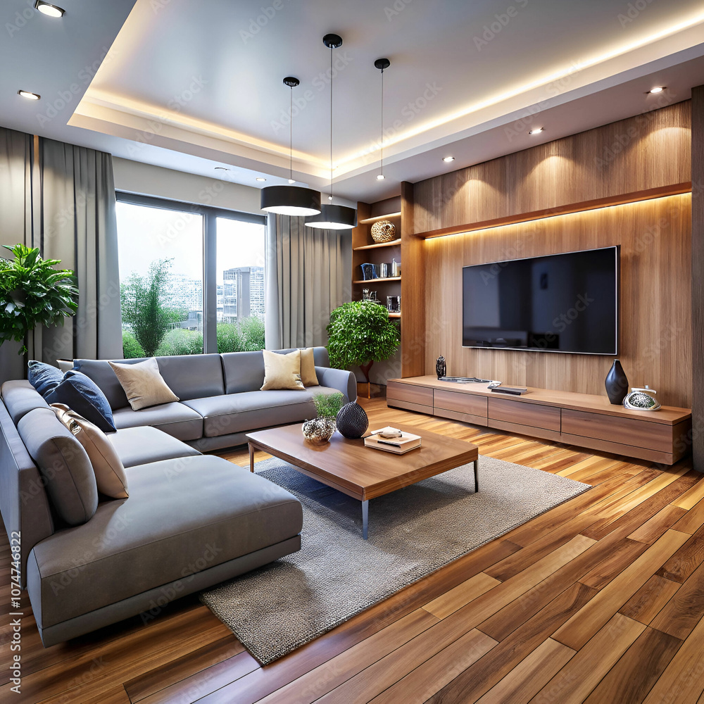 modern living room with large tv sectional sofa view island seating and natural light modern living room with large tv sectional sofa view island seating and natural light