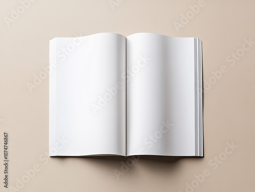 An open blank book on a beige background, ready for creative ideas and writing.