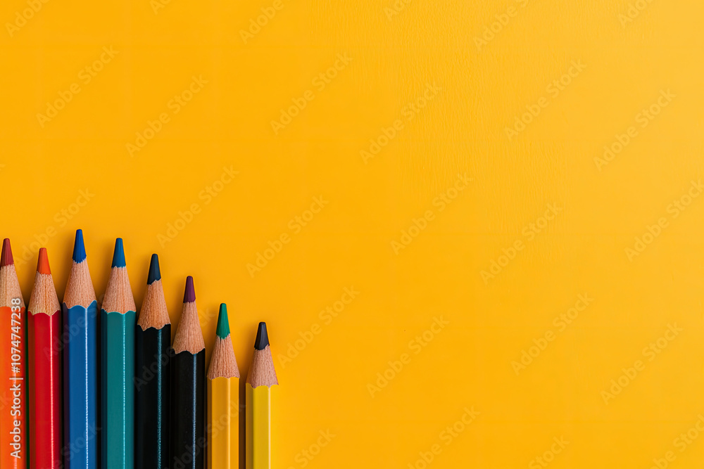 Vibrant colored pencils lined up on a bright yellow background for creativity. Vibrant colored pencils lined up on a bright yellow background for creativity.