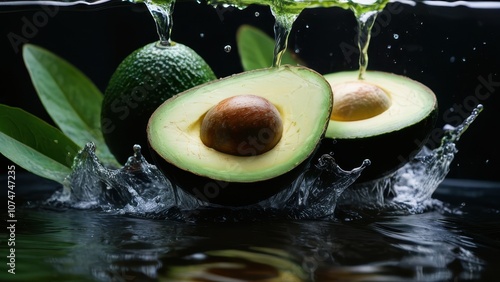 Fresh avocados splashing in water, showcasing vibrant green flesh and brown pit. Perfect for health, food, and organic themes photo