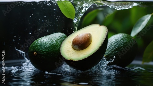 Fresh avocados splashing in water, showcasing vibrant green flesh and brown pit. Perfect for health, food, and organic themes photo