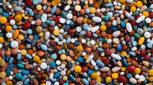 A colorful array of pills and tablets scattered on the surface.