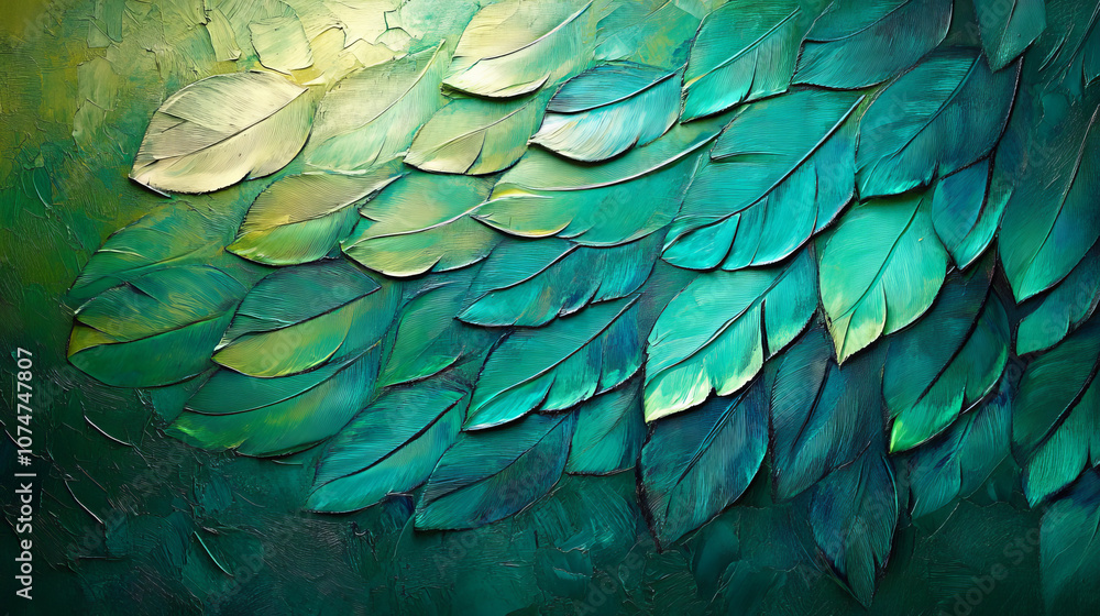 Obraz premium Vibrant shades of green and blue, reminiscent of vintage turquoise jewelry, create a textured and stylish backdrop inspired by delicate feathers.