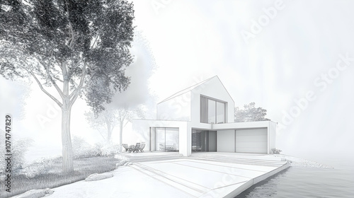  3d rendering sketch of modern cozy house by the river with garage for sale or rent. Black line sketch with soft light shadows on white background