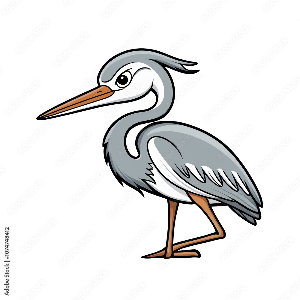 Cartoon heron with expressive eyes and serene pose, white background, generative ai Cartoon heron with expressive eyes and serene pose, white background, generative ai