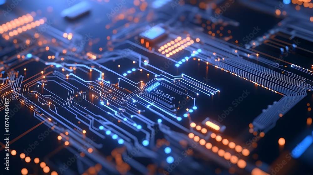 Obraz premium Abstract Circuit Board Design with Glowing Lines and Digital Technology