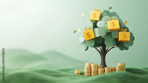 A green tree with yellow money bags growing, Business money bag tree