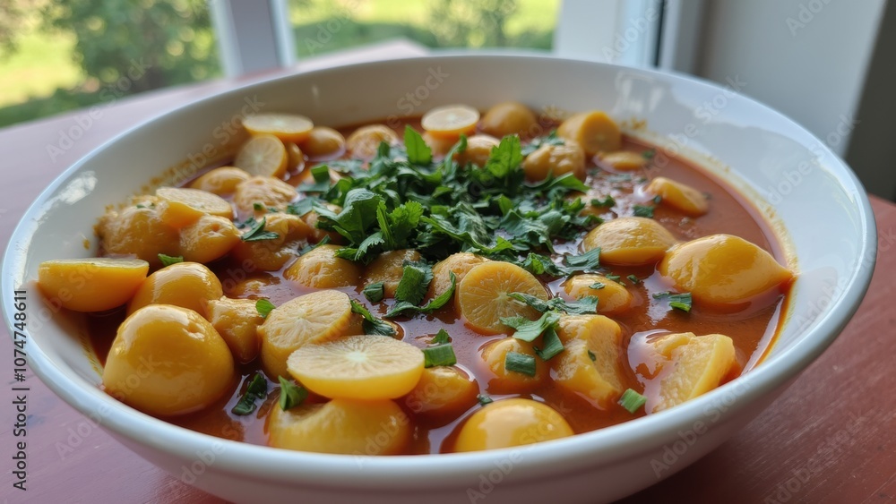 A vibrant bowl of curry featuring succulent yellow pumpkin pieces cooked in rich spices, garnished with fresh green herbs, sitting on a wooden table A vibrant bowl of curry featuring succulent yellow pumpkin pieces cooked in rich spices, garnished with fresh green herbs, sitting on a wooden table