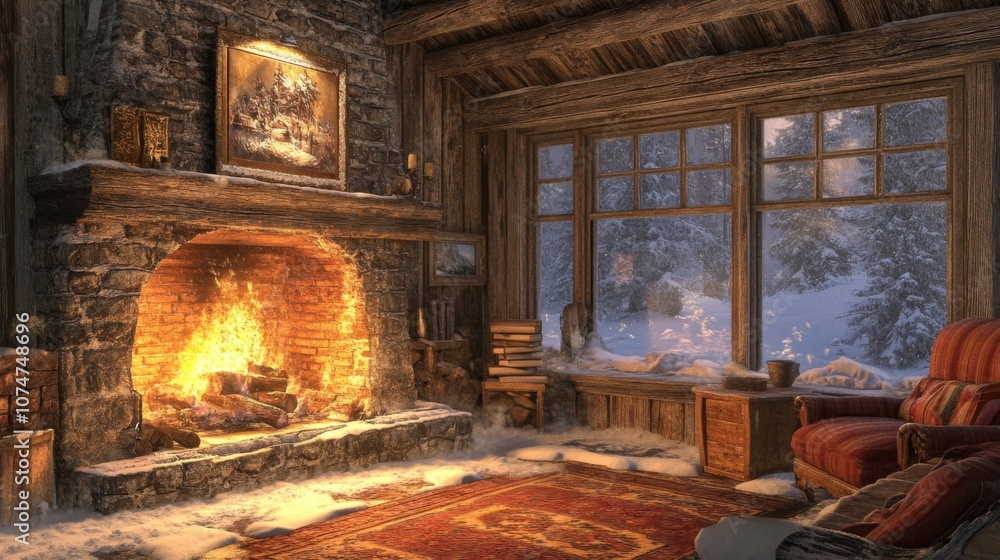Cozy Cabin Interior with Fireplace and Snowy View Cozy Cabin Interior with Fireplace and Snowy View