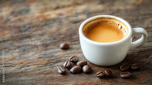 Freshly brewed espresso coffee in a small cup with coffee beans on a wooden background